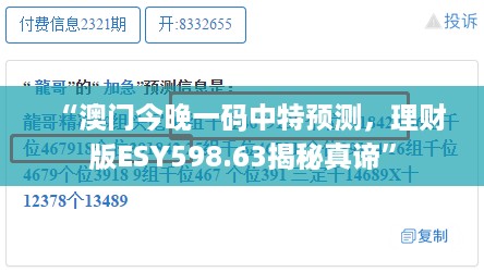 “澳门今晚一码中特预测，理财版ESY598.63揭秘真谛”